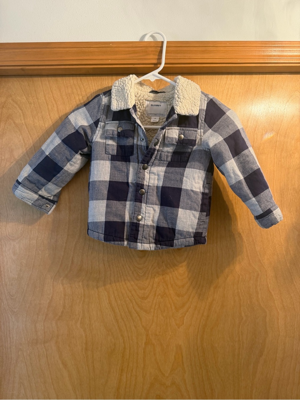Old Navy Navy and Cream Plaid Sherpa-Trim Kids Jacket